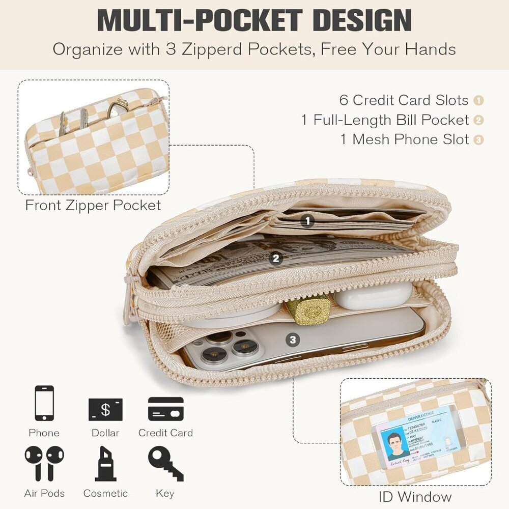 Checkerboard Wristlet Wallet for Women RFID-Blocking Nylon Crossbody - Picture 3 of 7